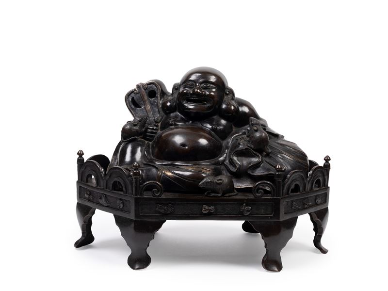 Okimono in bronzo, Hotei con tre topolini, Giappone, XIX secolo