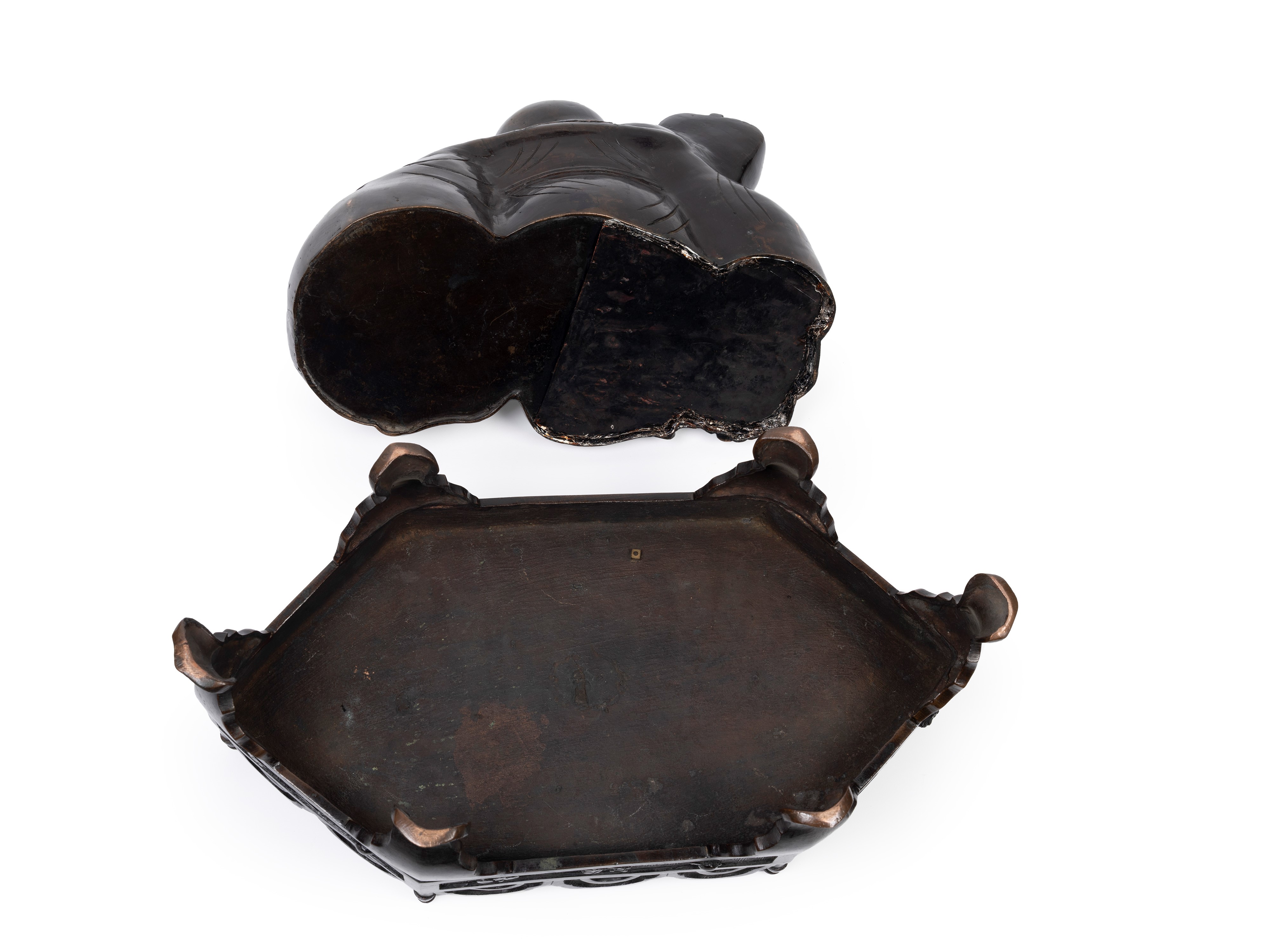 Okimono in bronzo, Hotei con tre topolini, Giappone, XIX secolo