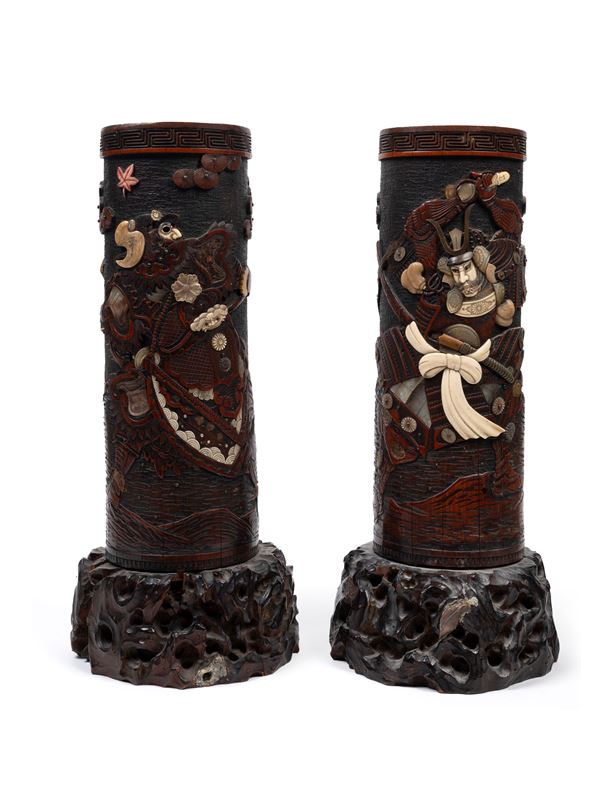 A PAIR OF BAMBOO STANDS WITH BONE INLAYS IN THE SHIBAYAMA TECHNIQUE