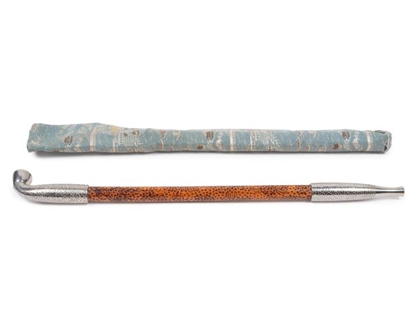 A BAMBOO AND SILVER PIPE WITH A FABRIC CASE
