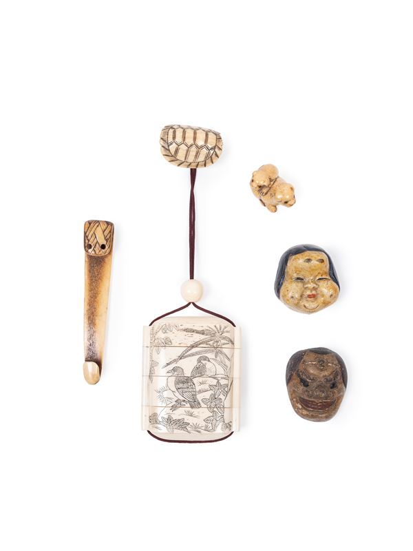 AN EROTIC INRŌ (SHUNGA) IN BONE AND FOUR NETSUKE