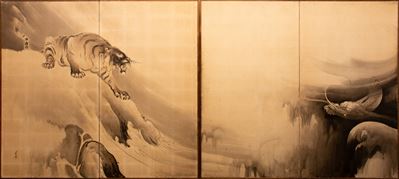 Giappone, periodo Meiji, Coppia di paraventi a due pannelli con drago e tigre, inchiostro sumi-e ...