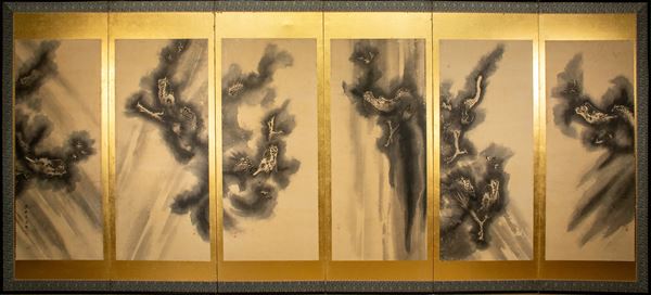 A FOLDING SIX-PANEL SCREEN 