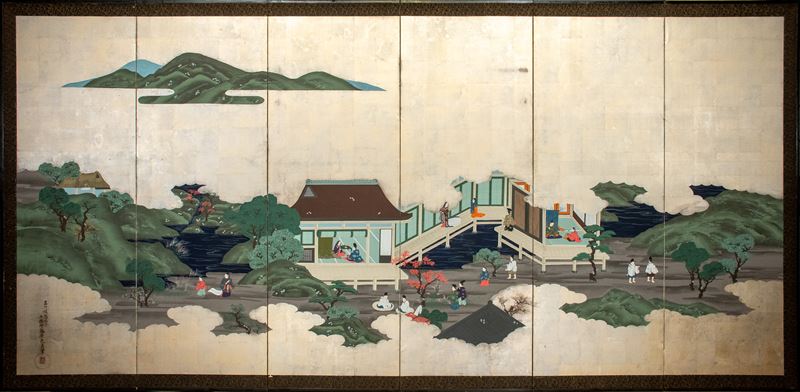 Paravento giapponese a sei pannelli, periodo Meiji