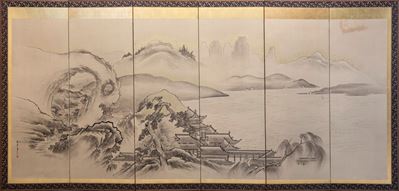 Paravento giapponese, sei pannelli in carta con paesaggio sumi-e, periodo Meiji