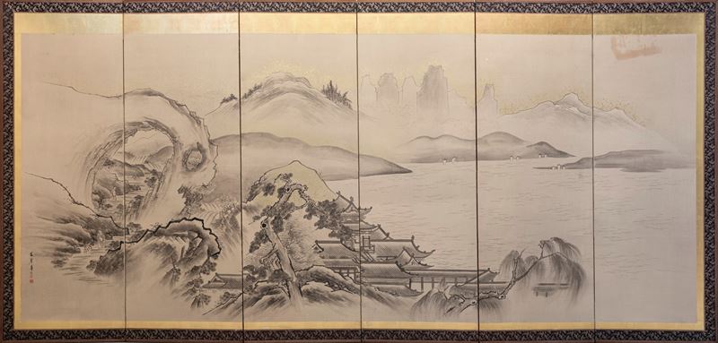 Paravento giapponese, sei pannelli in carta con paesaggio sumi-e, periodo Meiji