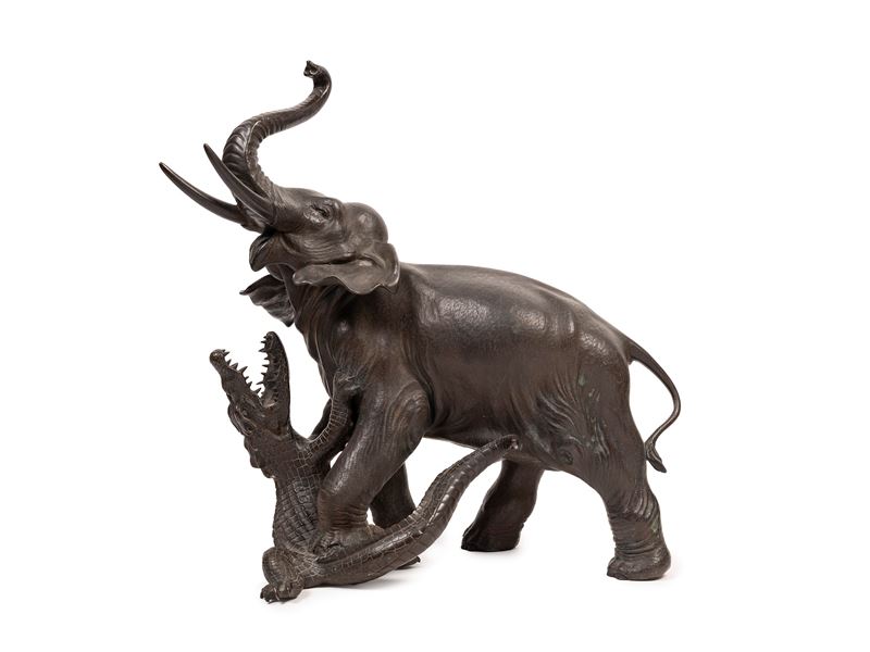 Atsuyoshi, Okimono in bronzo raffigurante elefante e coccodrillo