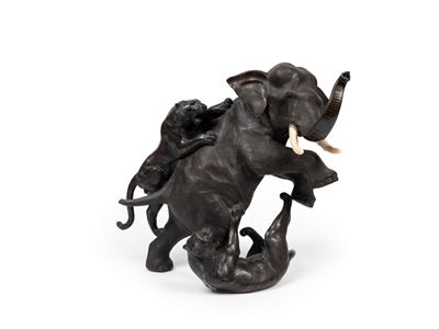 Okimono in bronzo con parti in avorio, Elefante e tigri, Giappone, periodo Meiji