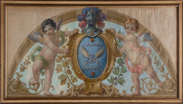 LUNETTE DEPICTING PUTTI HOLDING A COAT OF ARMS