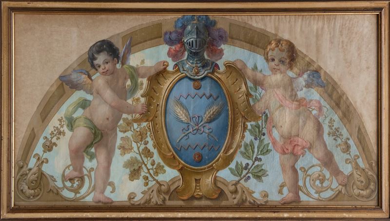 Scuola Italiana, Lunetta raffigurante putti reggistemma, tecnica mista su tela applicata su carta