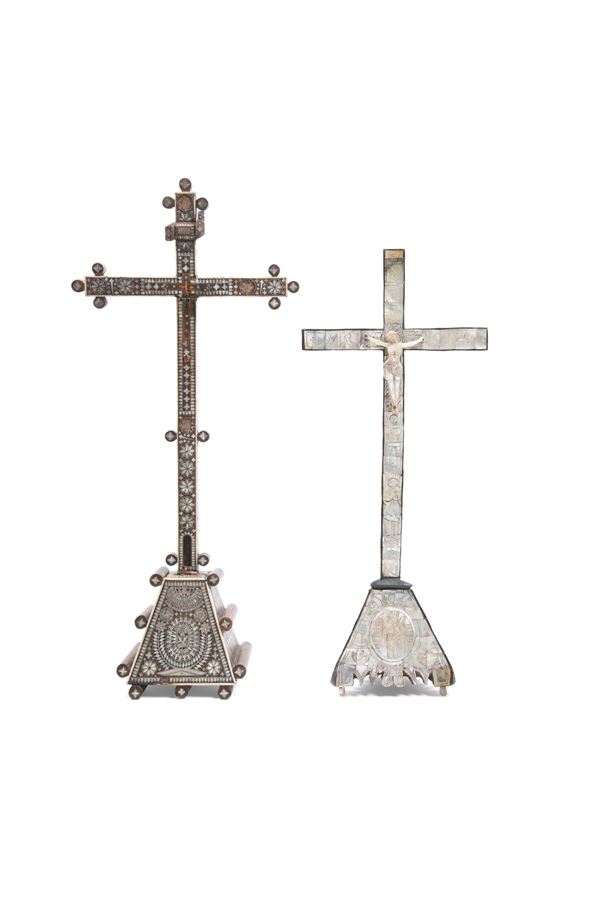TWO CRUCIFIXES IN WOOD AND MOTHER-OF-PEARL