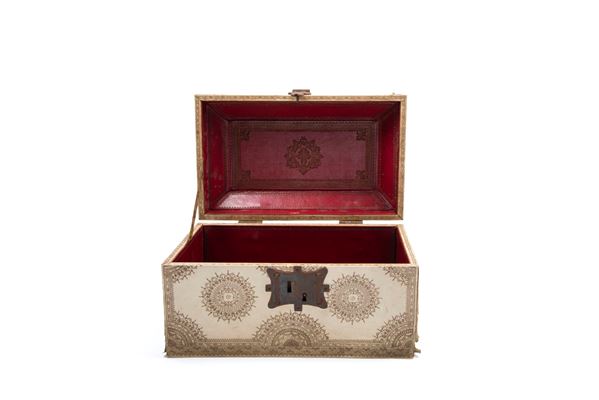 A VELLUM COVERED CASKET SIMULATING IVORY