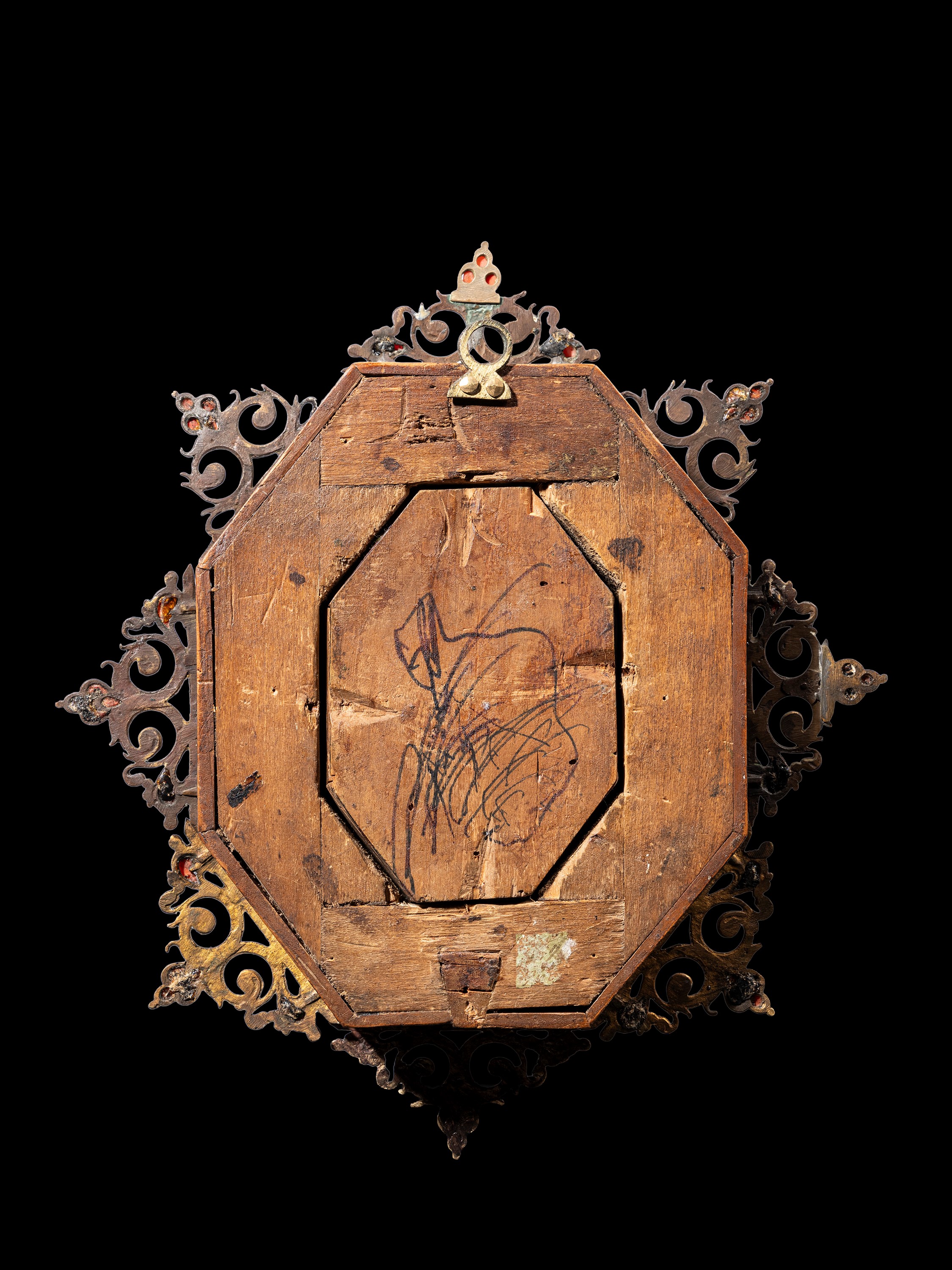 Pannello devozionale in rame, bronzo dorato, smalti, corallo e legno, Trapani, XVIII secolo