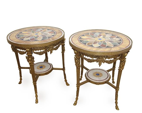 A PAIR OF LARGE BRONZE TABLES WITH MARBLE TOPS
