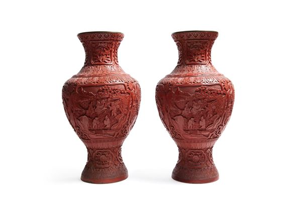A PAIR OF RED LACQUER VASES