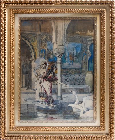 Dame con cigni - Acquarello su carta