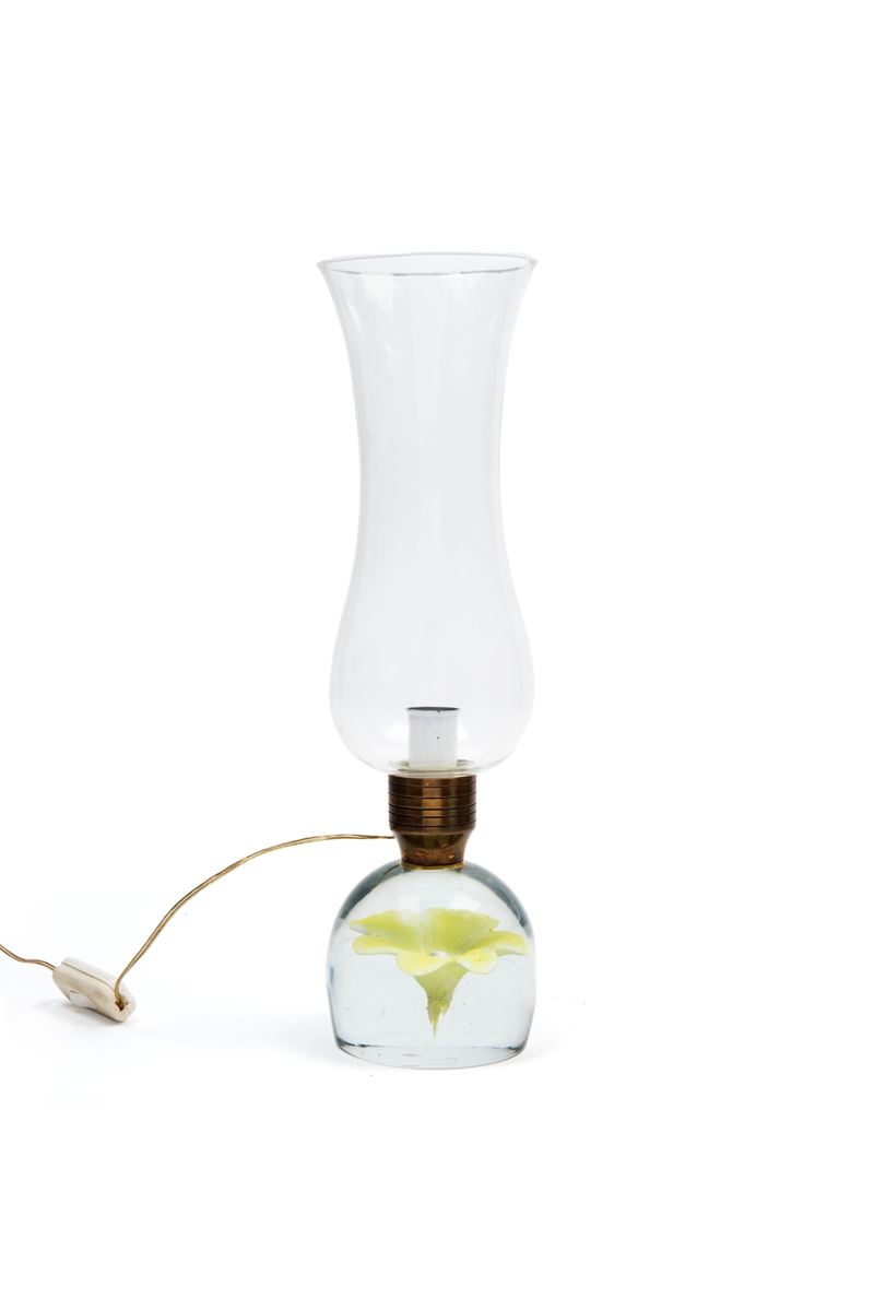 Venini - Lampada da tavolo in vetro di Murano con fiore sommerso giallo