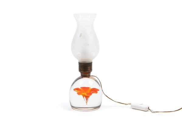 VENINI - MURANO GLASS TABLE LAMP WITH APPLIED FLOWER