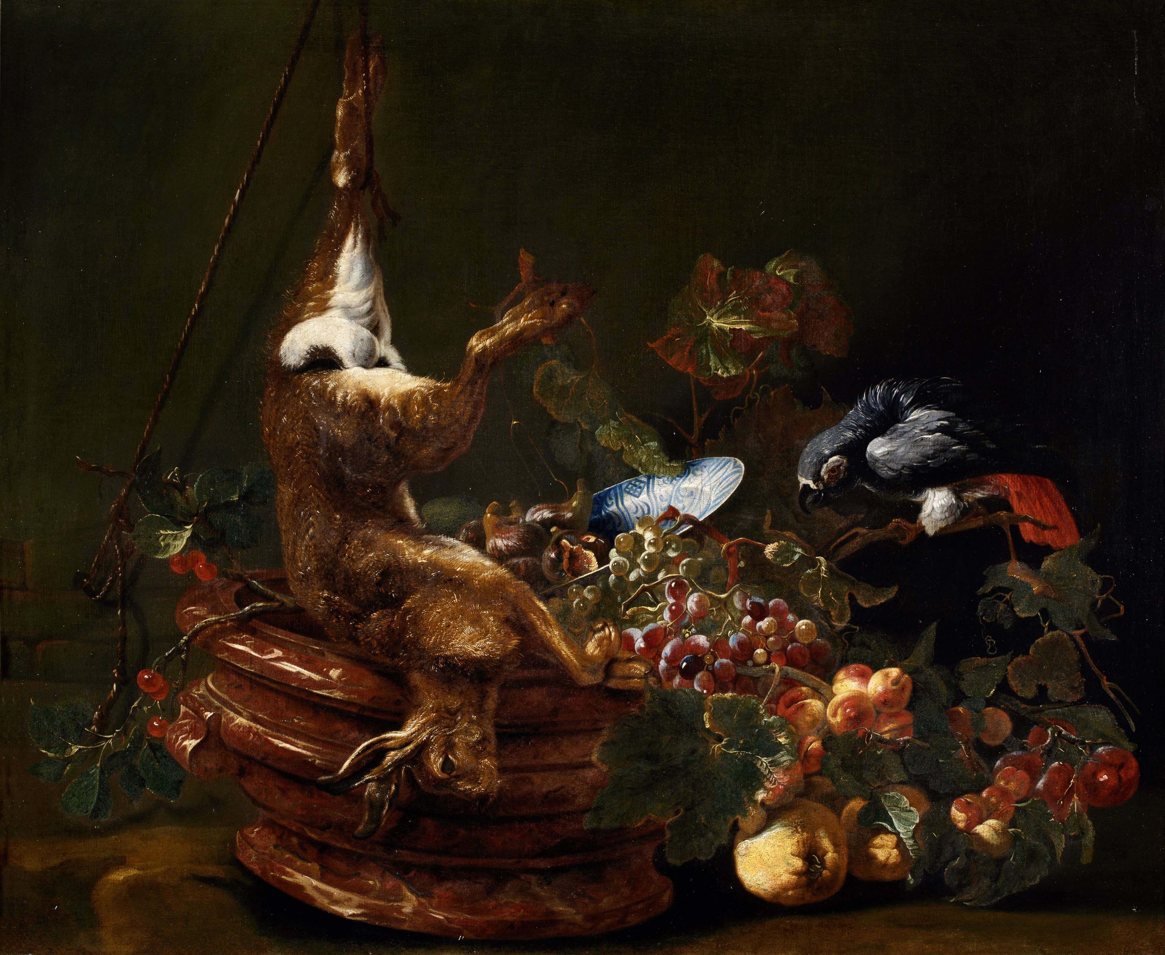 Jan Fyt - Coppia di importanti nature morte con frutta e animali, olio su tela