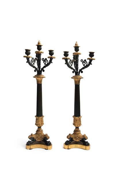 Coppia di candelabri in bronzo dorato e brunito, Francia, XIX secolo