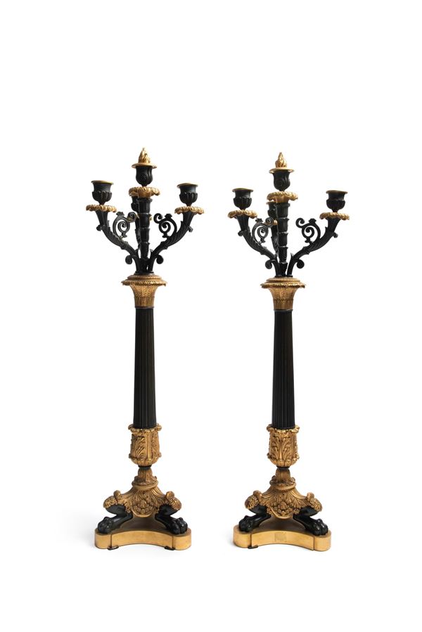 PAIR OF GILT AND PATINATED BRONZE CANDELABRA