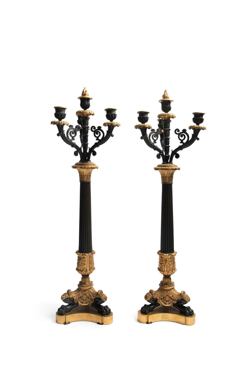 Coppia di candelabri in bronzo dorato e brunito, Francia, XIX secolo