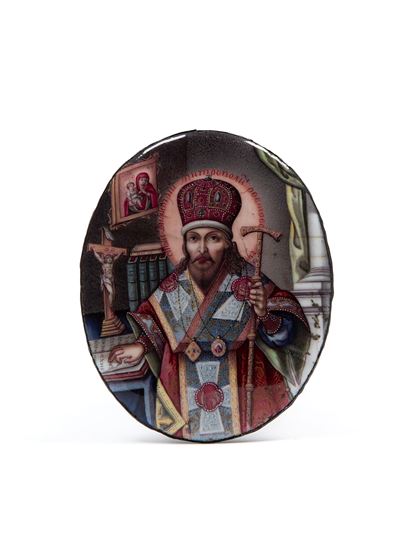 Placchetta in argento e smalto raffigurante San Demetrio di Rostov, Russia XIX secolo
