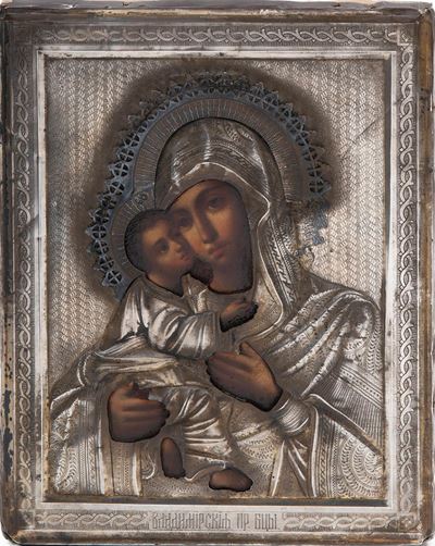 Icona russa, Madonna col Bambino con riza in argento