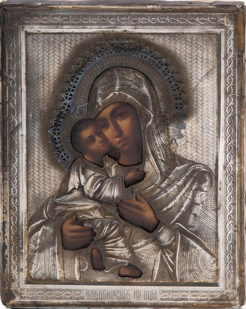 Icona russa, Madonna col Bambino con riza in argento