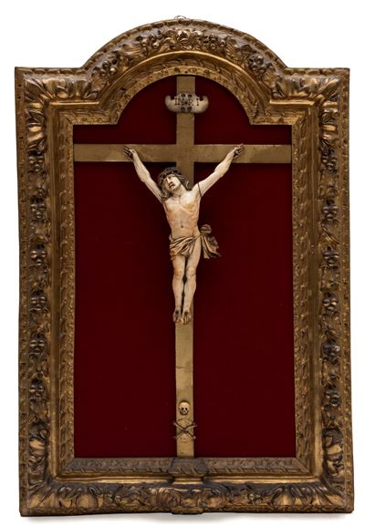 ☼scultura in Avorio Raffigurante Cristo in Croce Entro Cornice
