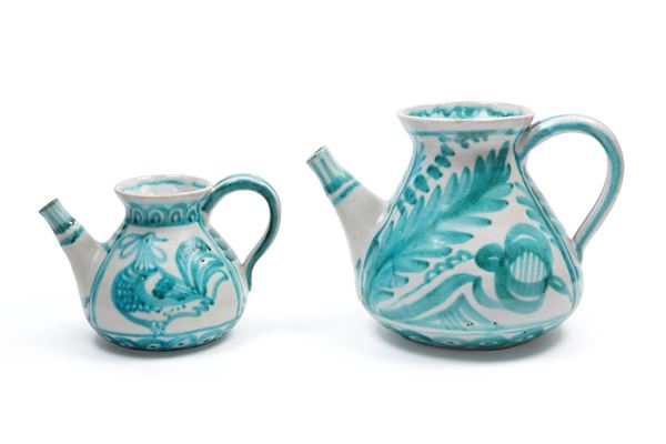 Guido Gambone - TWO WHITE AND GREEN MAIOLICA EWERS