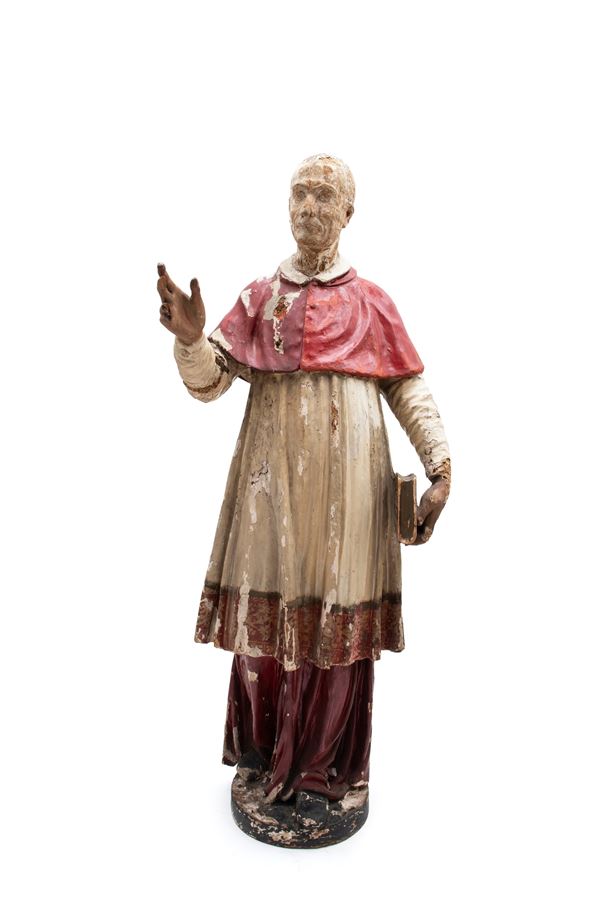 LIFE-SIZE POLYCHROME WOODEN SCULPTURE DEPICTING SAINT CHARLES BORROMEO