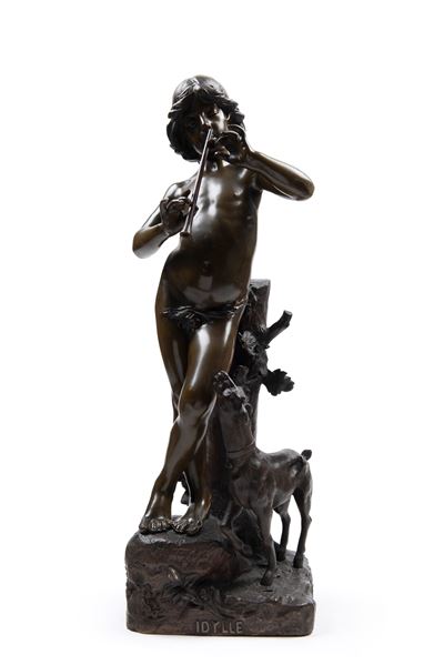 Idylle - Scultura in bronzo raffigurante un pastorello con capra