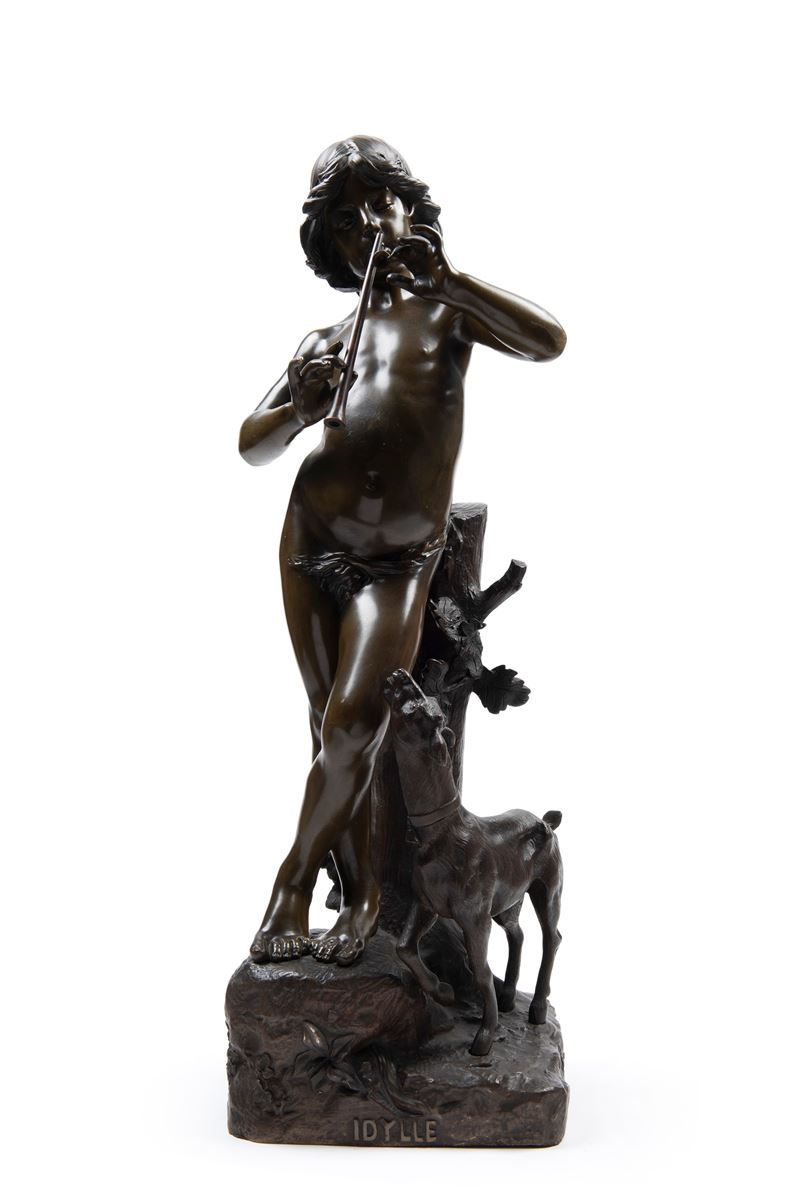 Joaquim Angles - Idylle - Scultura in bronzo raffigurante un pastorello con capra