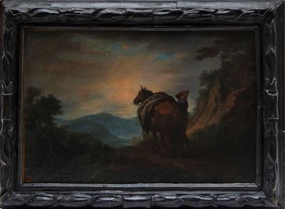 Scuola Fiamminga, Cavallo e Cavaliere in un Paesaggio, olio su tela