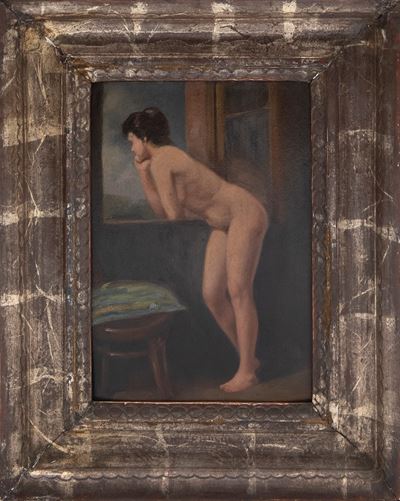 Scuola romana, Nudo di donna affacciata alla finestra, olio su cartoncino