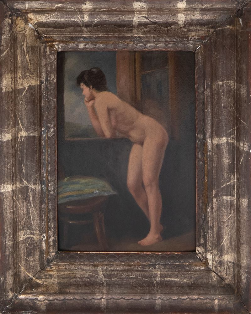 Scuola romana, Nudo di donna affacciata alla finestra, olio su cartoncino