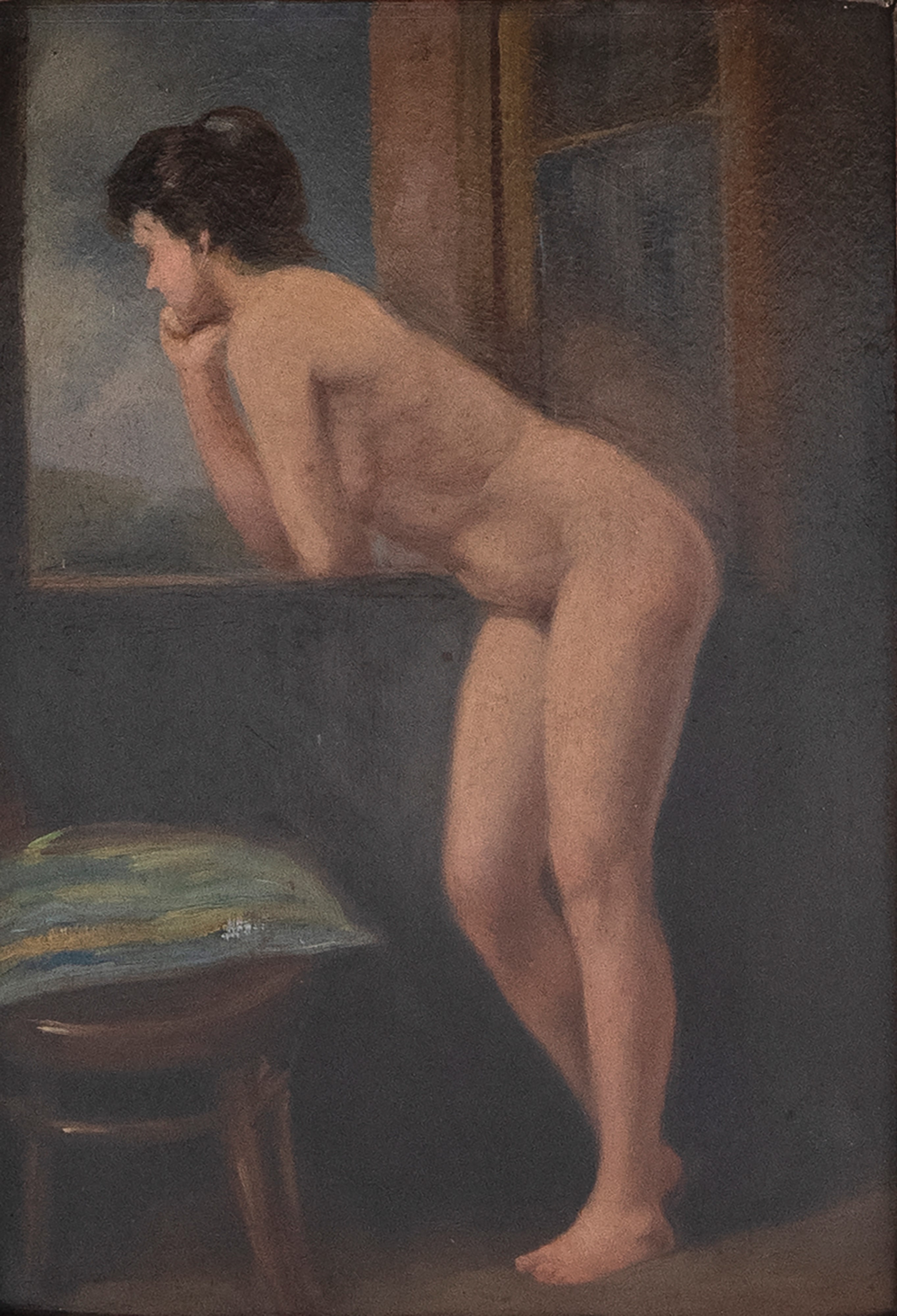 Scuola romana, Nudo di donna affacciata alla finestra, olio su cartoncino
