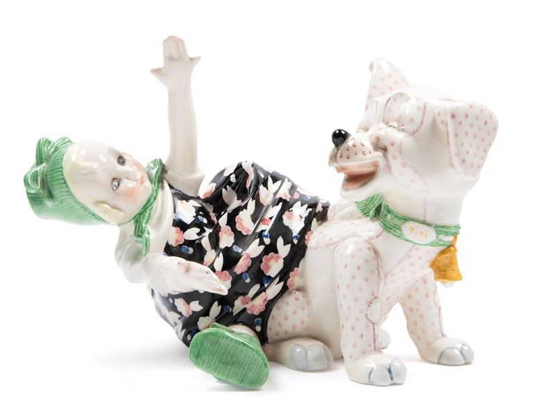 Sandro Vacchetti Essevi - Scultura in terraglia policroma raffigurante bambina con cagnolino