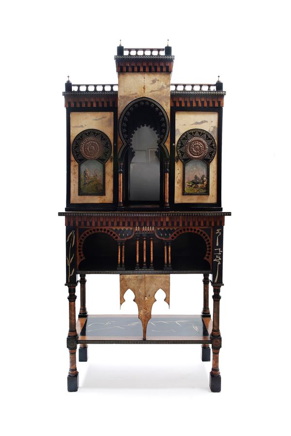 AN IMPORTANT INLAID WOOD AND HAND-PAINTED VELLUM MOSQUÉE CABINET