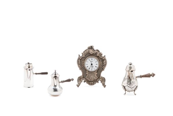THREE MINIATURE COFFEE POTS AND SILVER CLOCK