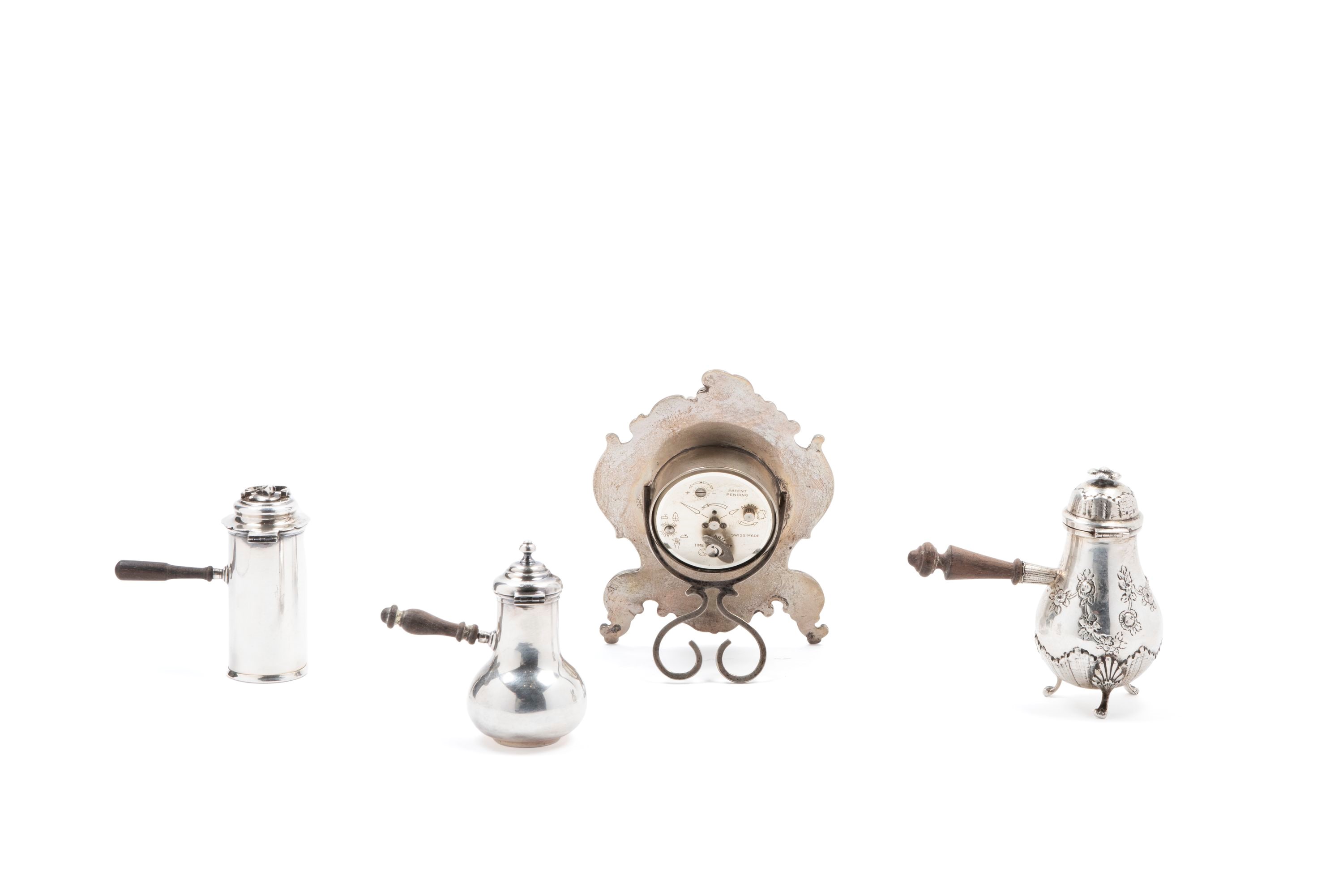 Caffettiere in miniatura e orologio in argento, Italia XX secolo