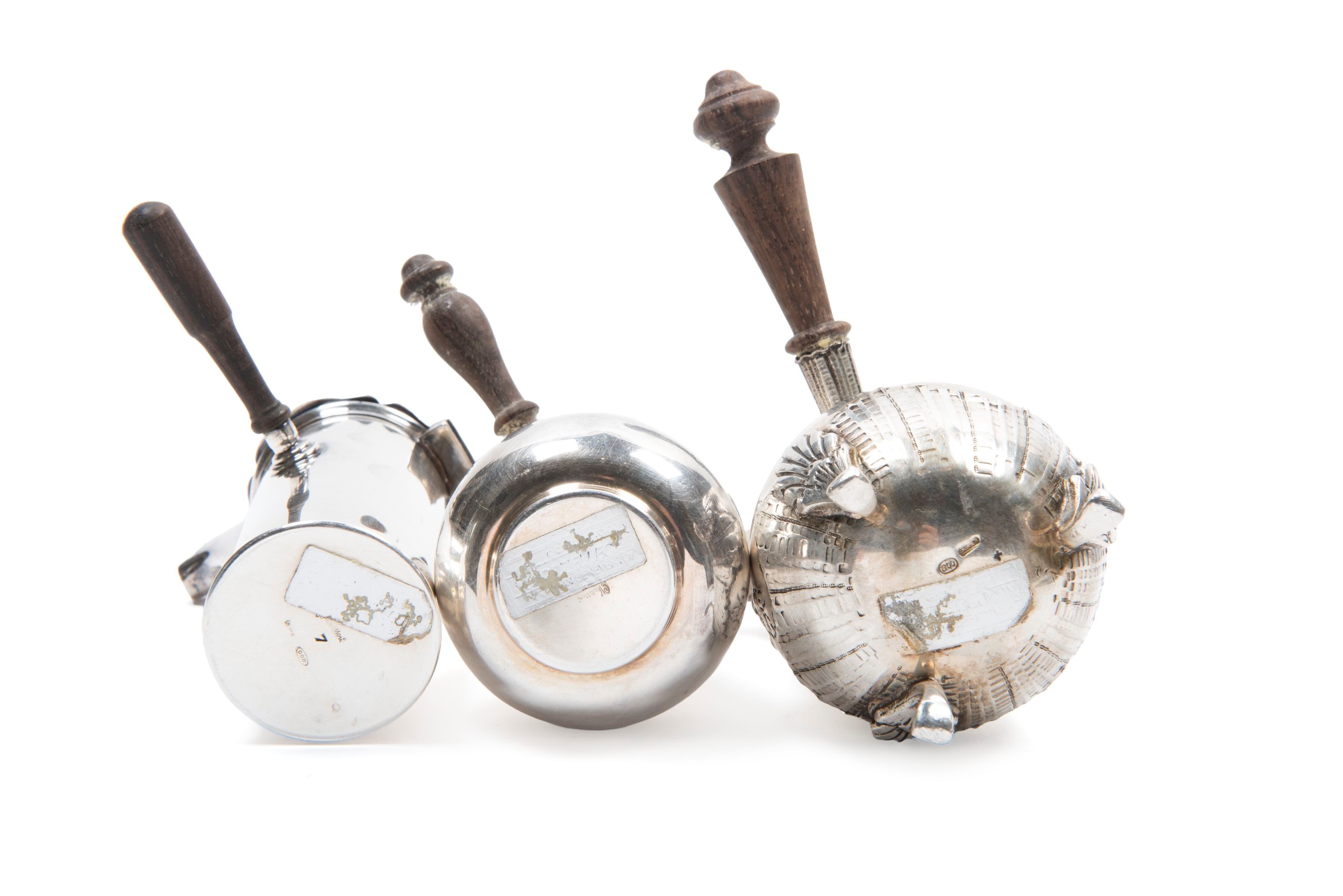 Caffettiere in miniatura e orologio in argento, Italia XX secolo