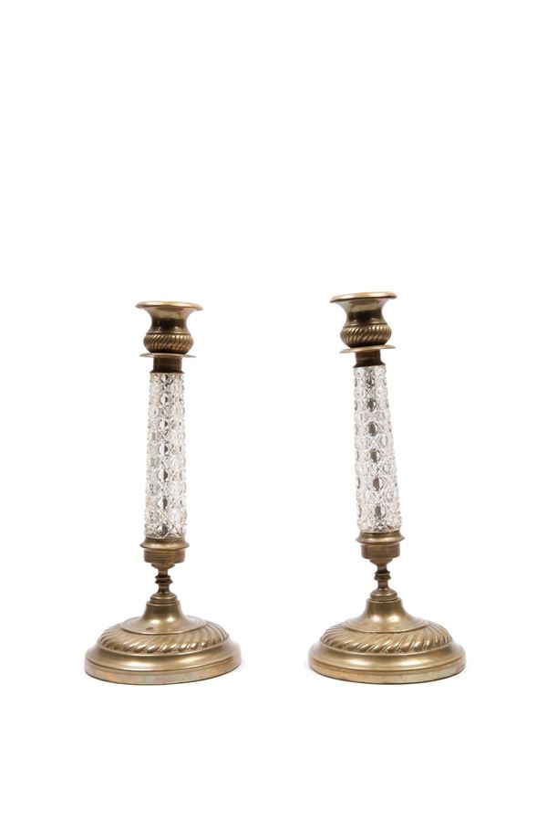 TWO CUT GLASS AND BRASS CANDLESTICKS