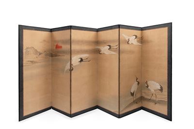 Paravento giapponese a sei pannelli, dipinto su carta, periodo Meiji