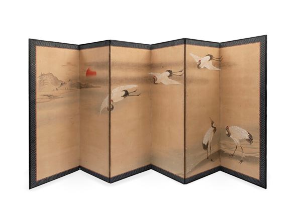 A PAINTED SIX-PANEL PAPER SCREEN