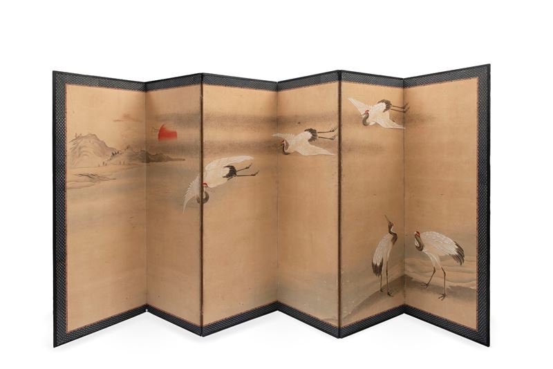 Paravento giapponese a sei pannelli, dipinto su carta, periodo Meiji