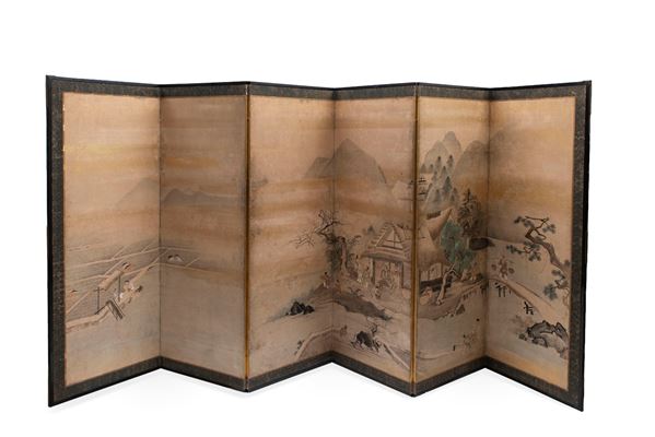 A PAINTED SIX-PANEL PAPER SCREEN