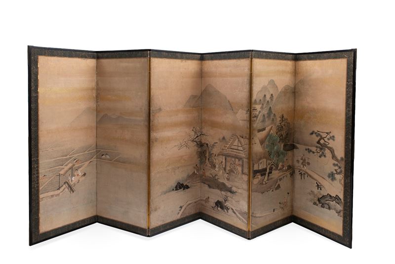 Paravento a sei pannelli, dipinto su carta, Giappone, periodo Meiji
