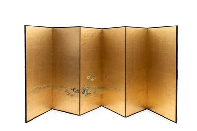 Paravento a sei pannelli, Giappone, periodo Meiji, pittura su carta e foglia d'oro